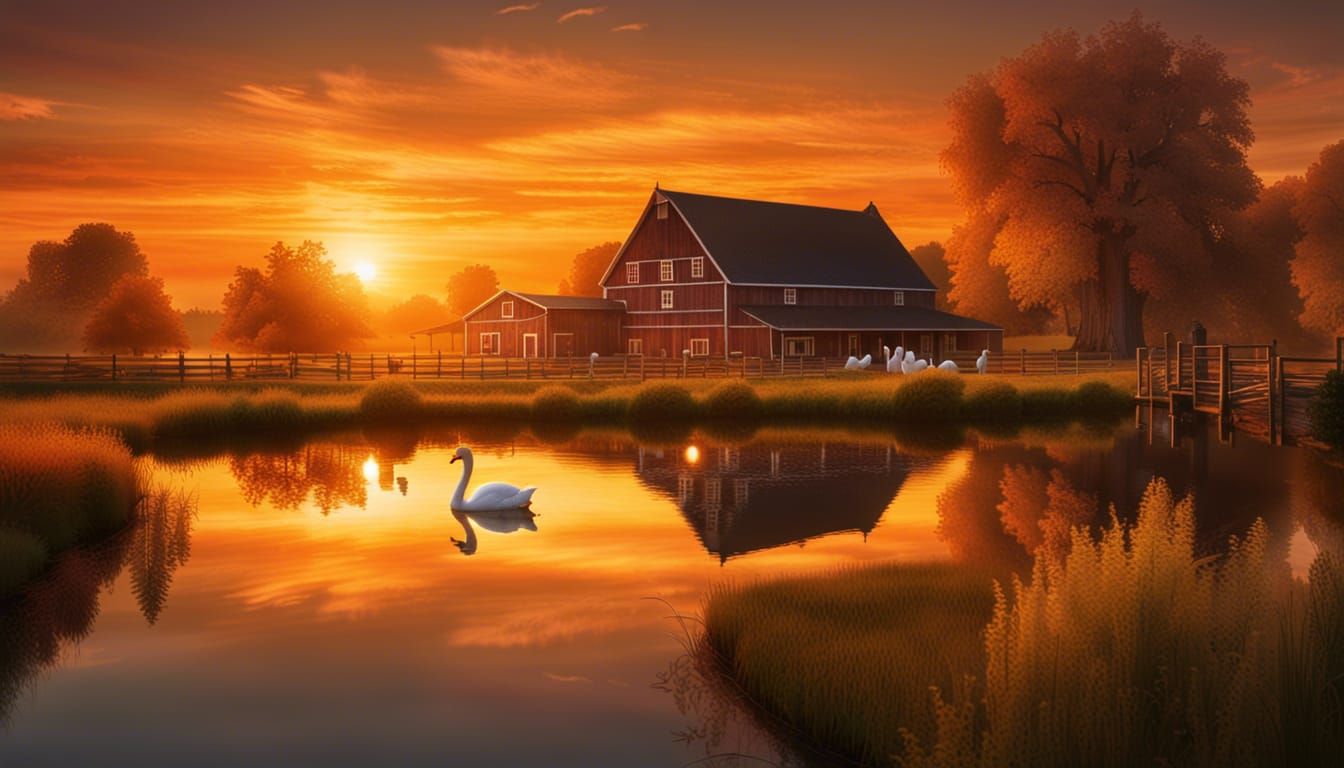 Golden Sunrise over Serene Farm with Swans