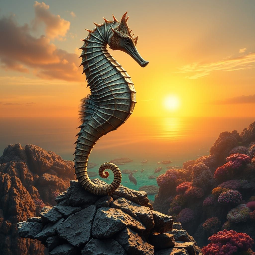 Hyperrealistic Seahorse Overlooking Coral Reef at Sunset