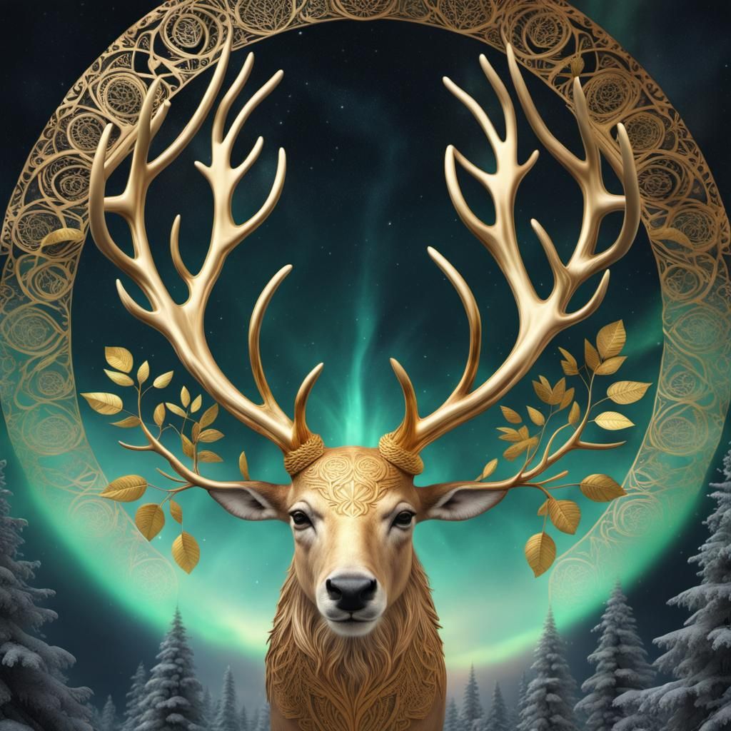 Tree of Life Reindeer Mandala in Fantasy Forest