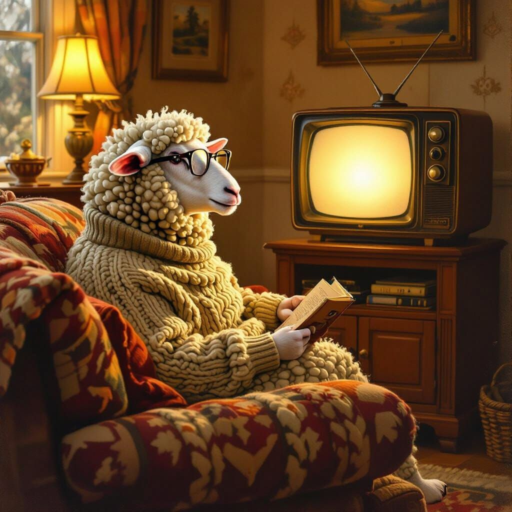 Sheep Watch TV in Cozy Living Room