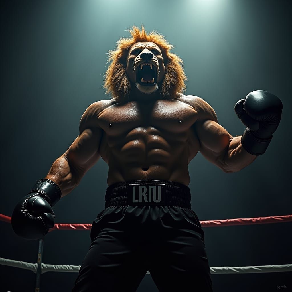 Lion-Headed Boxer in a Cyberpunk Boxing Ring