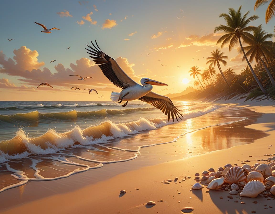 Golden Hour on a Tranquil Beach, Oil Painting