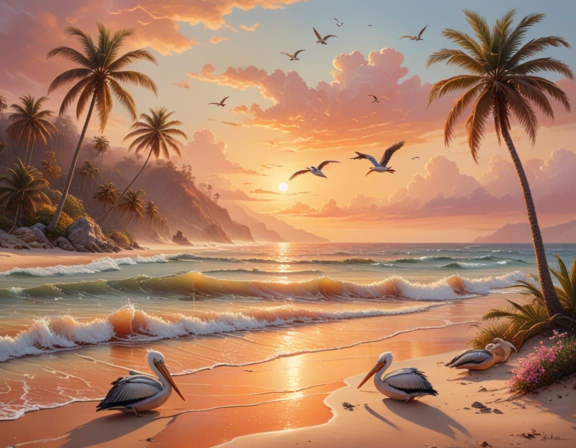Dreamy Seaside Sunset in Surreal Oil Painting