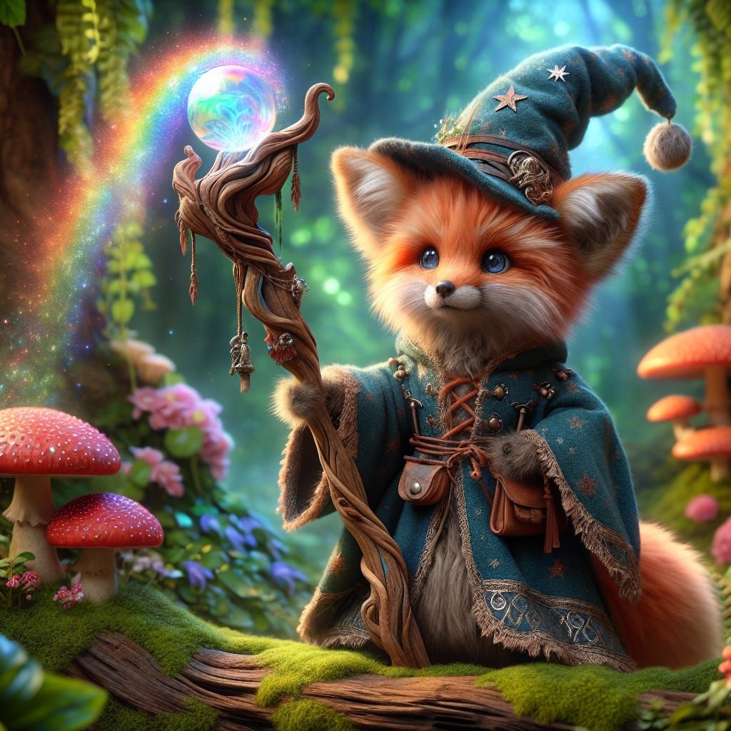 Red Fox Wizard Casting Rainbow Dragon Spell
