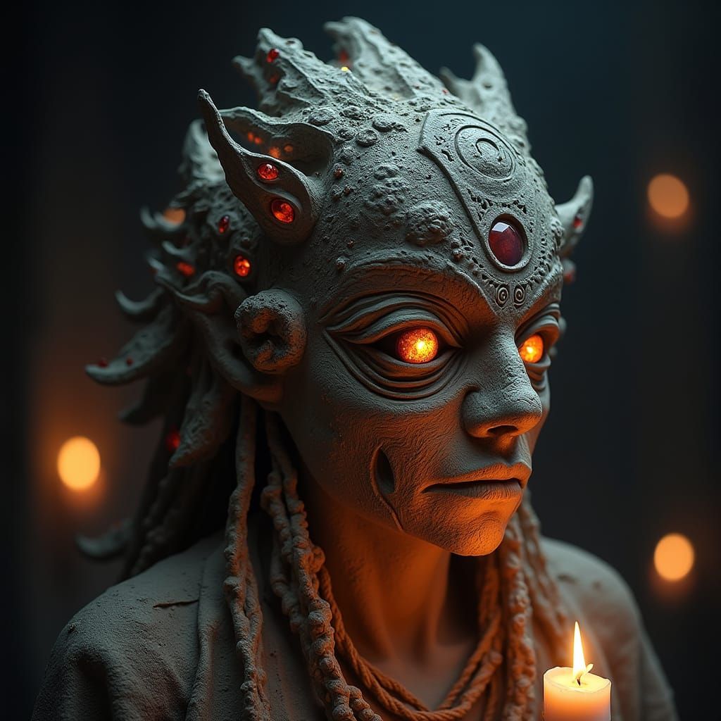 Mystical Oracle Mask with Gemstones in Fantasy Shrine