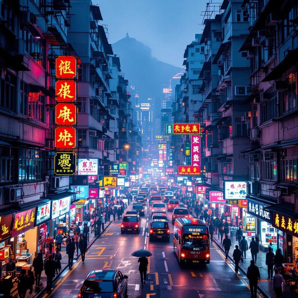 Hong Kong Street Scene with Neon Lights