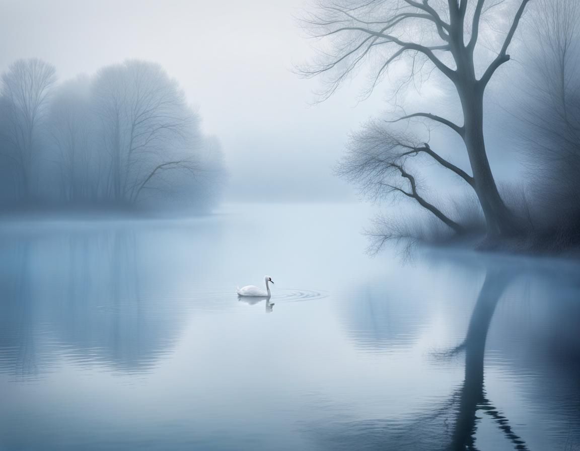 Misty Lake Swan in Soft Grays and Blues
