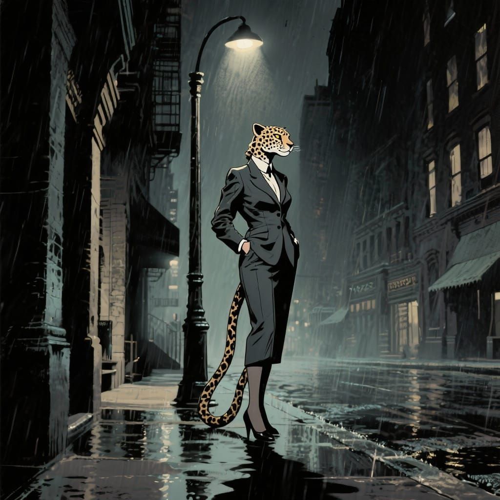 Cheetah Woman in Noir Cityscape