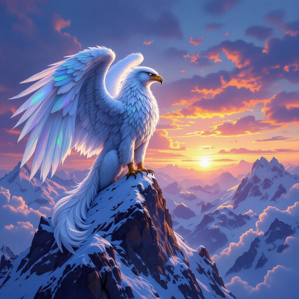 Griffin Perched on Snowy Peak at Sunset