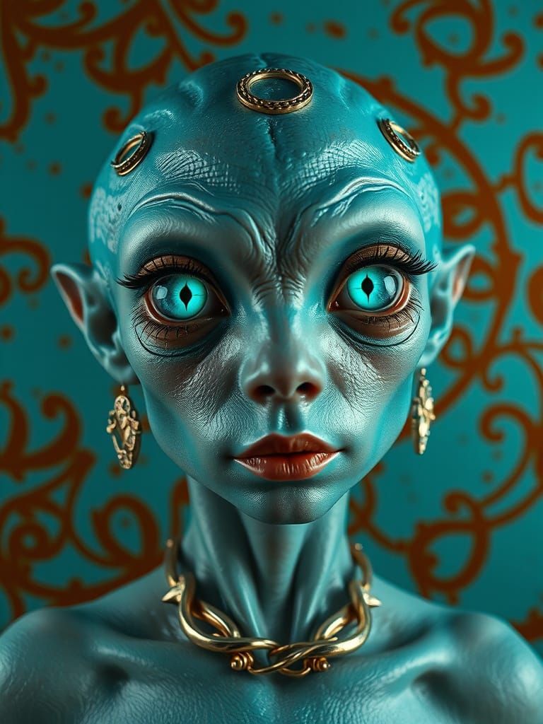 Glamorous Turquoise Alien Portrait in Hyperrealistic Style
