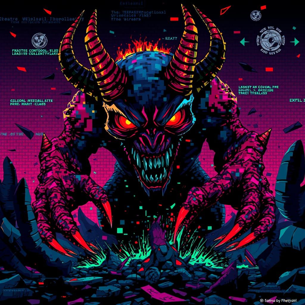 Glitchborn Nightmare: Pixelated Demon Mosaic in Cyberpunk Di...