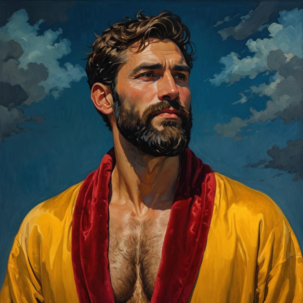 Bearded Man in Golden Robe: Impressionist Oil Painting