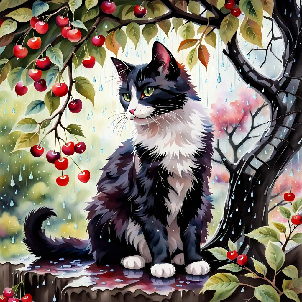 Black Cat and Kitten Under Cherry Tree