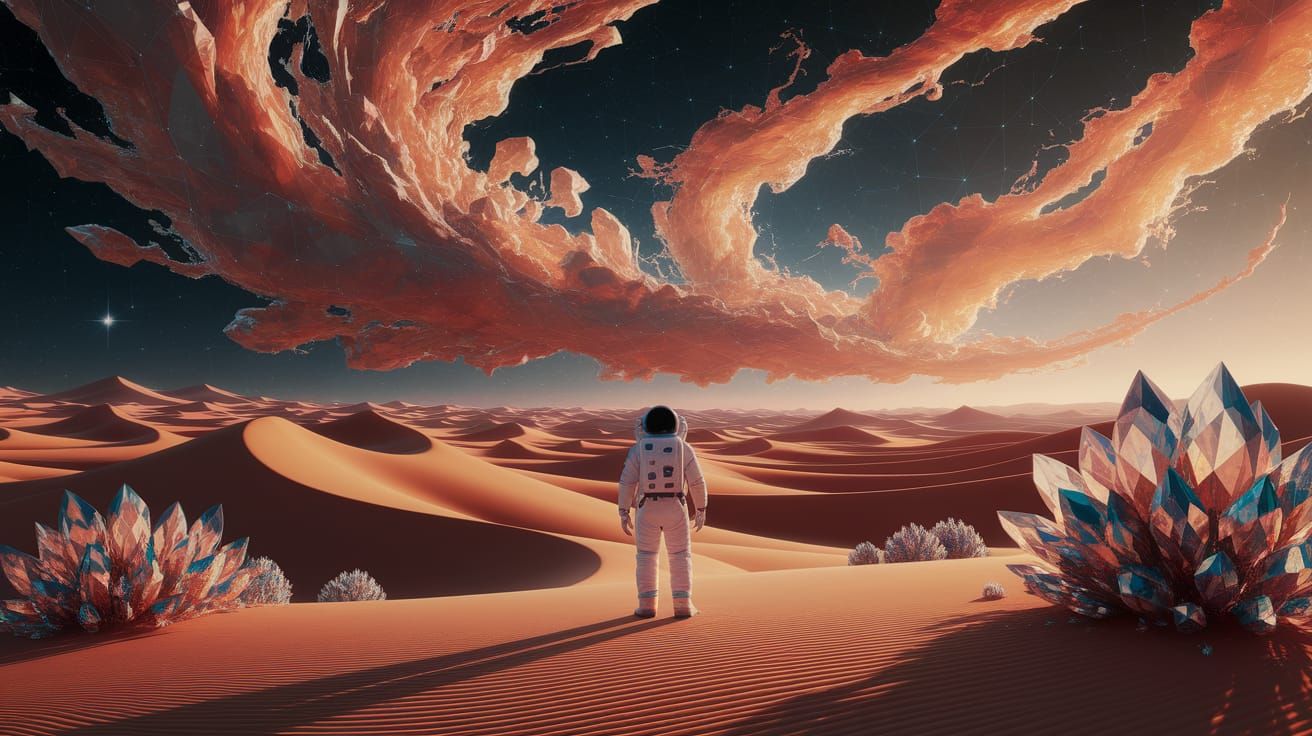 Astronaut Gazes at Nebulae on Alien Desert