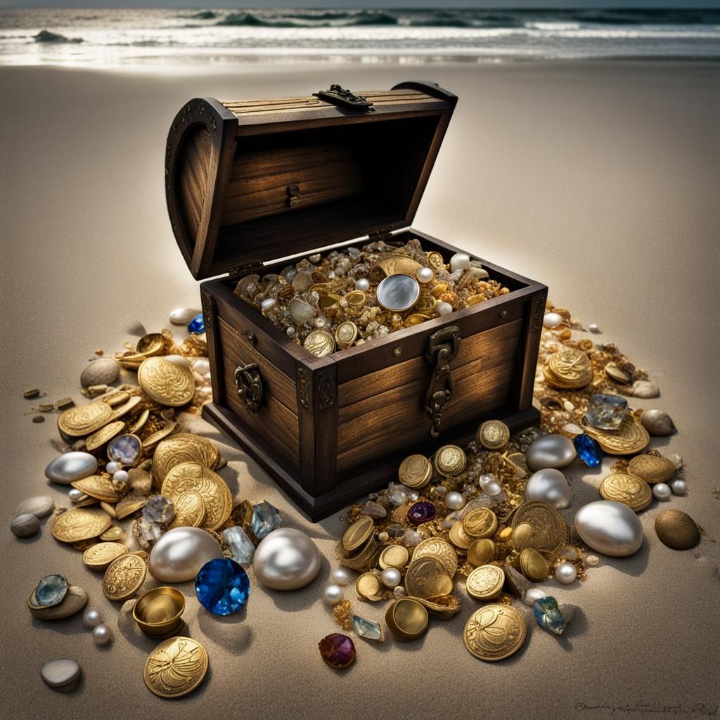 Treasure Chest with Gold and Gems on Shore