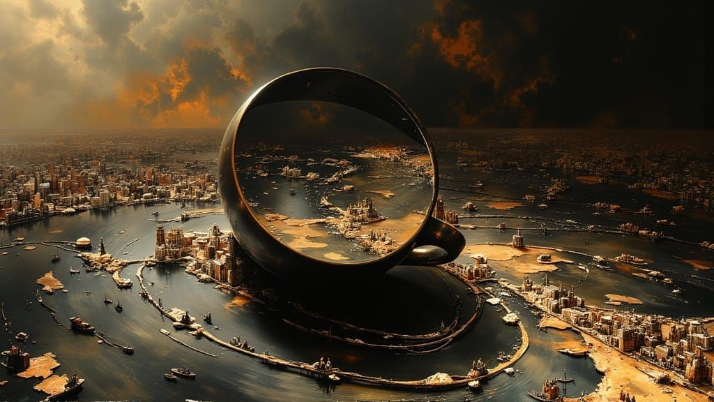 Surreal Venice Abstraction in Coffee Cup, Oil Paint Style