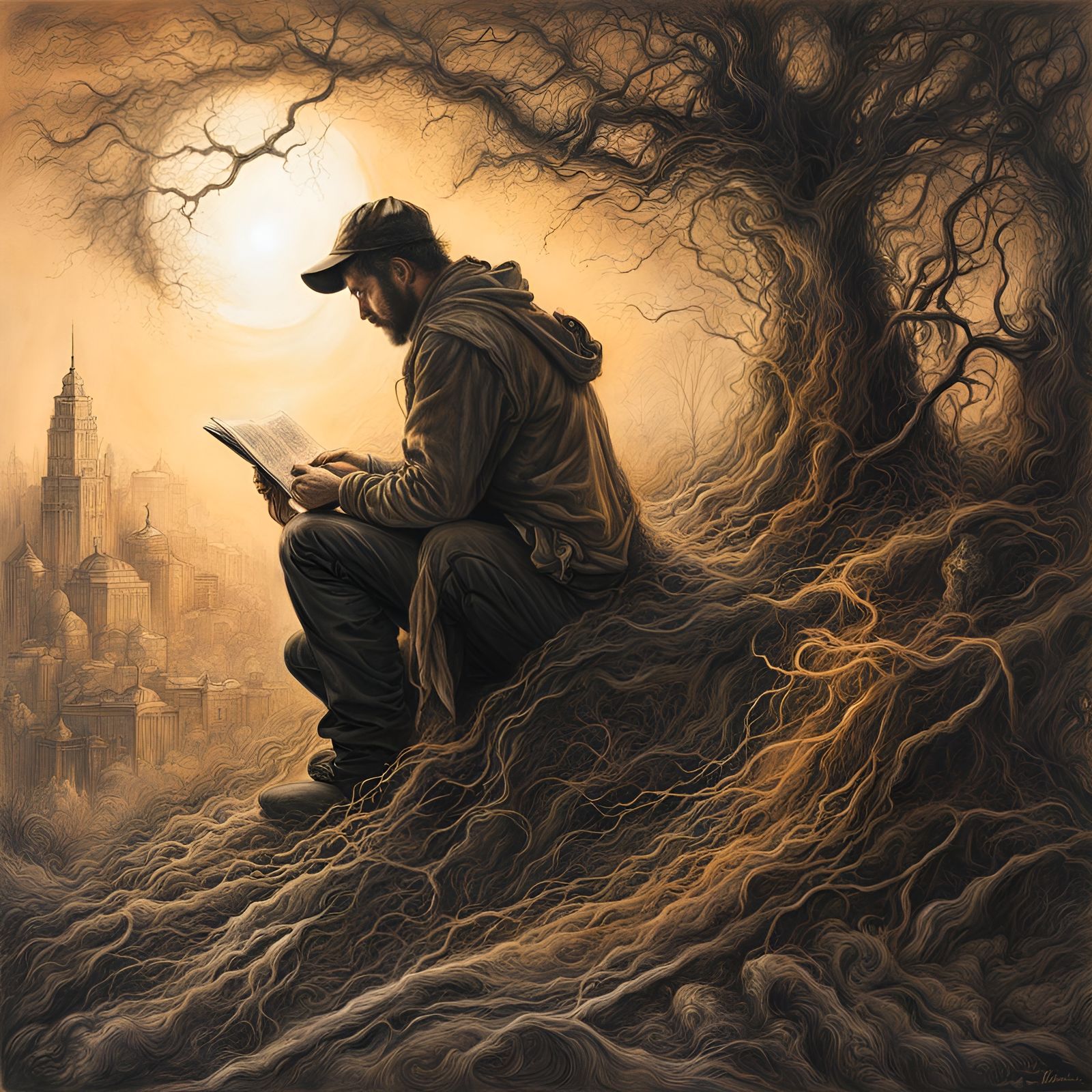 Lonely Man: Dramatic Charcoal Drawing in Post-Apocalyptic Se...