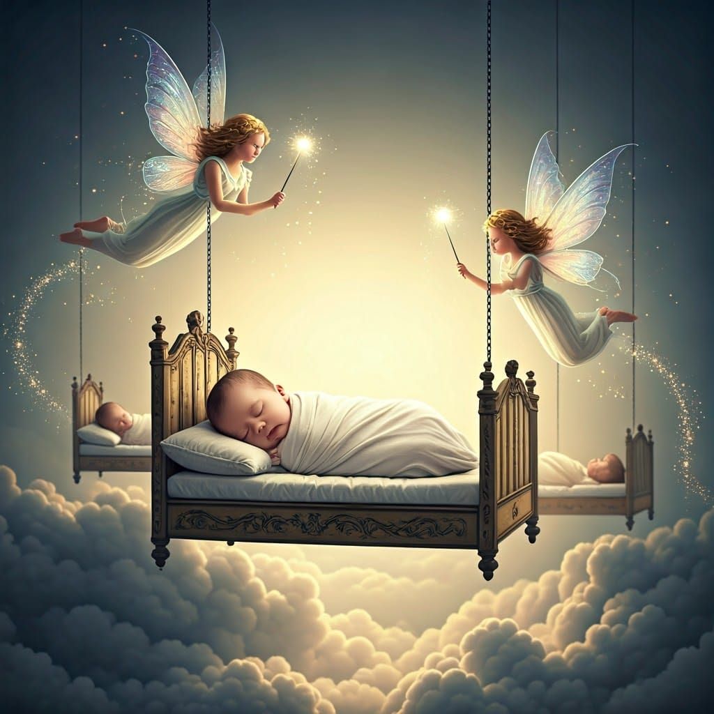 Dreamy Cloudscape with Sleeping Babies and Fairies