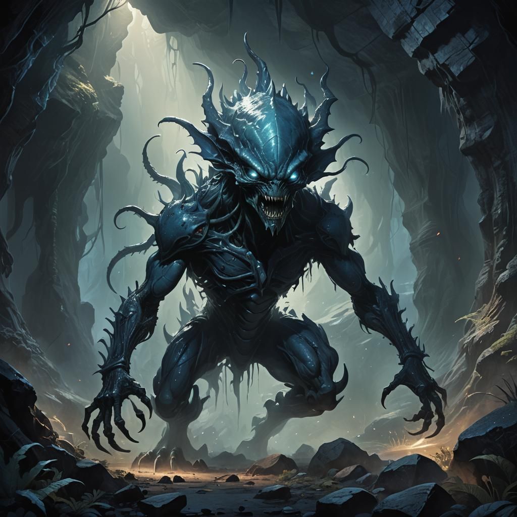 Alien Creature Emerging in Dark Fantasy Concept Art