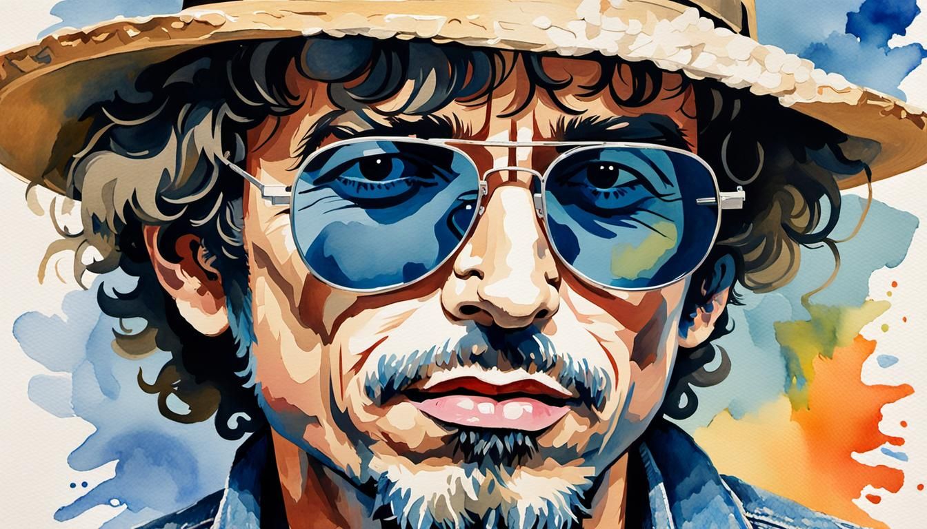 Bob Dylan Pop Art Watercolor Portrait in Gouache Style