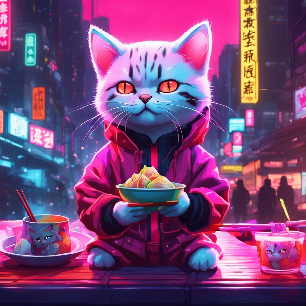 Cyberpunk Cat in Neon Hoodie Eating Dumplings