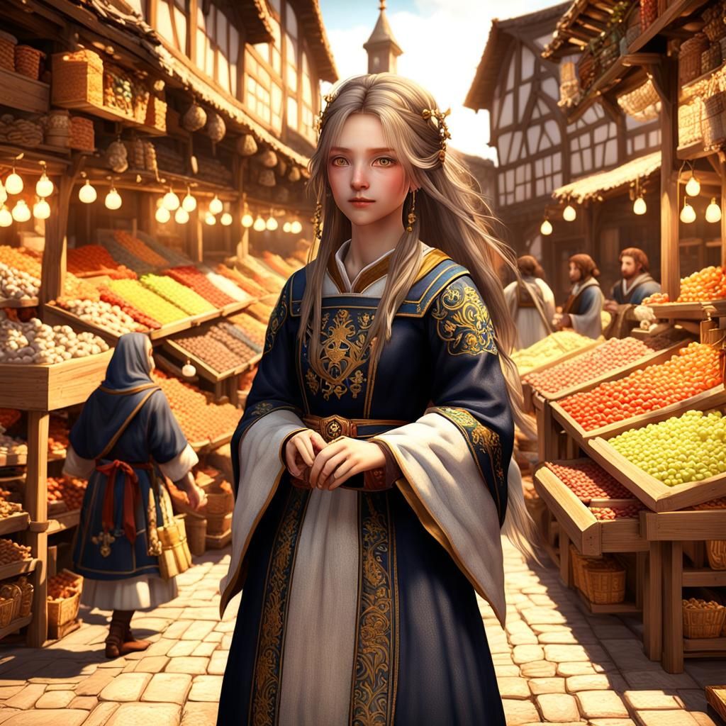 Anime Woman in Medieval Market, Digital Art