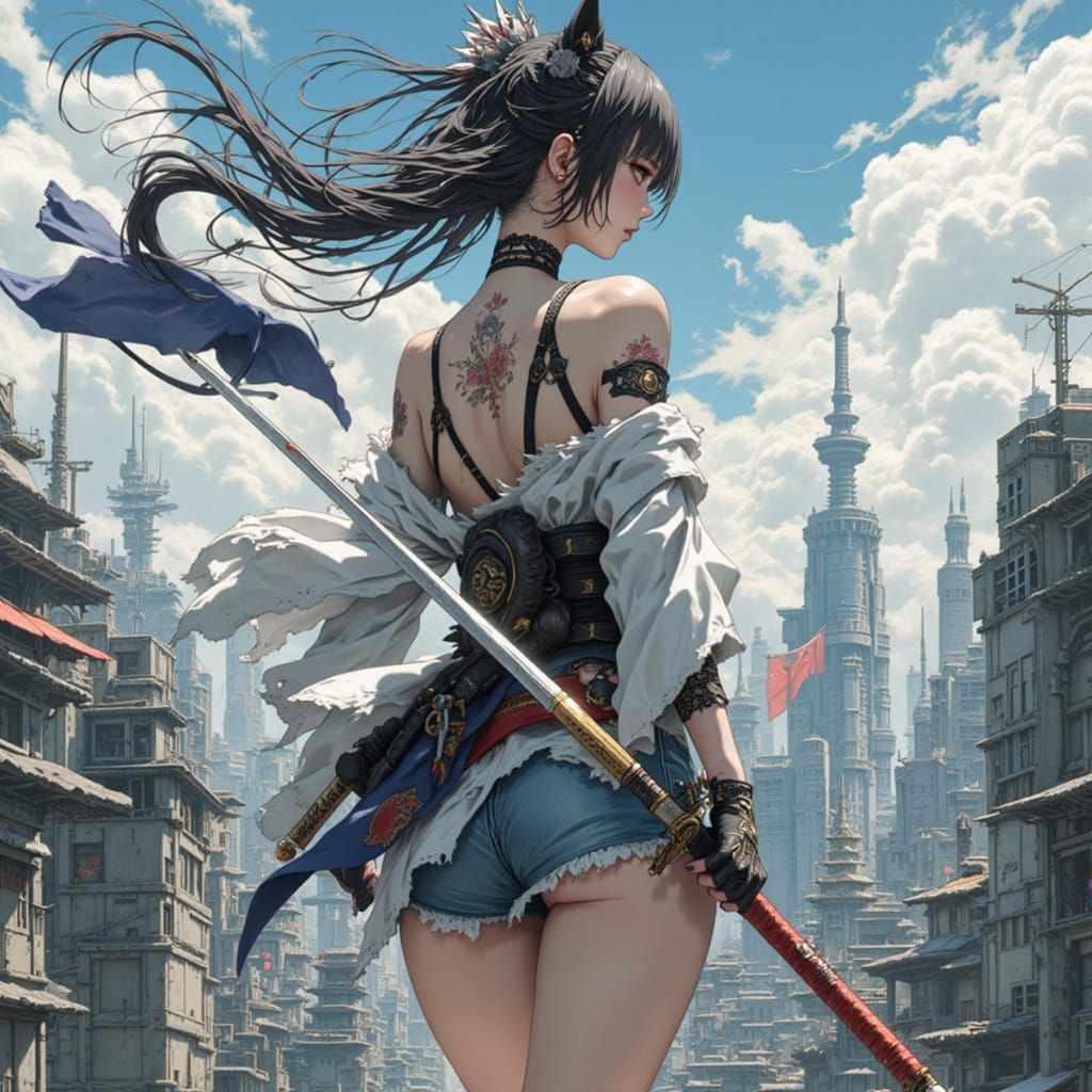 Cyberpunk Warrior Goddess in Anime Style