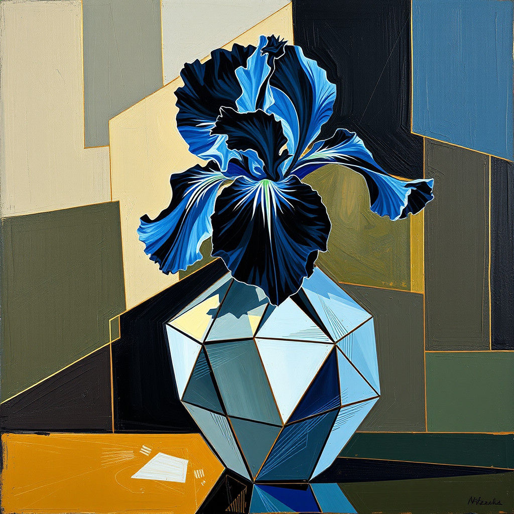 Cubist Iris Still Life in Fractal Retrofuturism