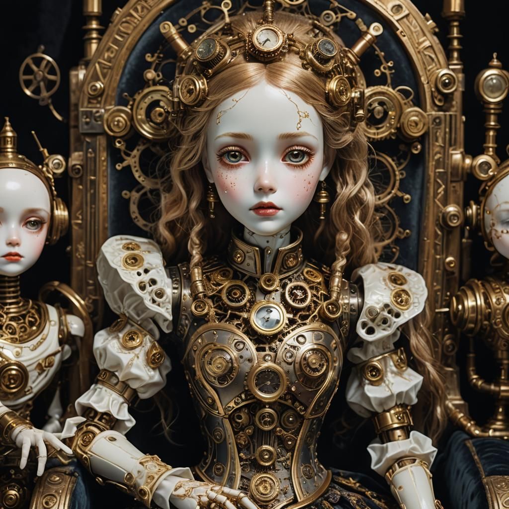 Steampunk Robot Porcelain Doll in Ornate Parlor