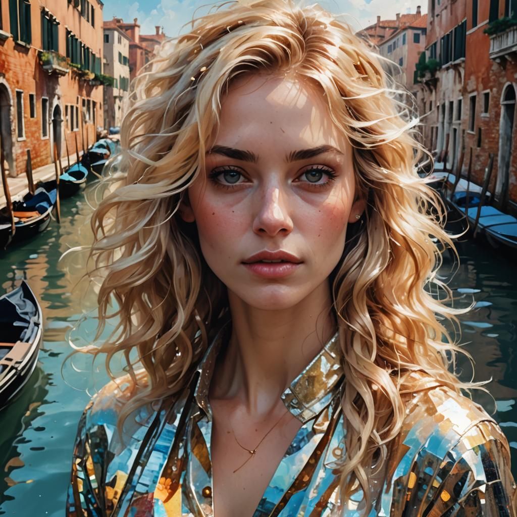 Blonde in Venice Canal, Watercolor Style