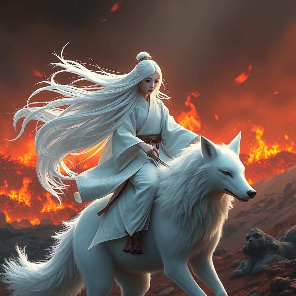 Japanese Girl Rides White Fox in Inferno Battlefield