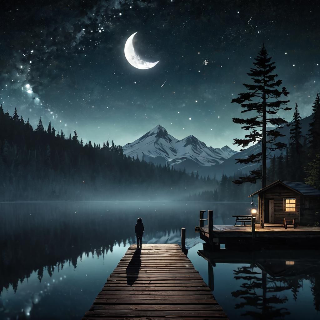 Night Lake Scene with Figure and Cat