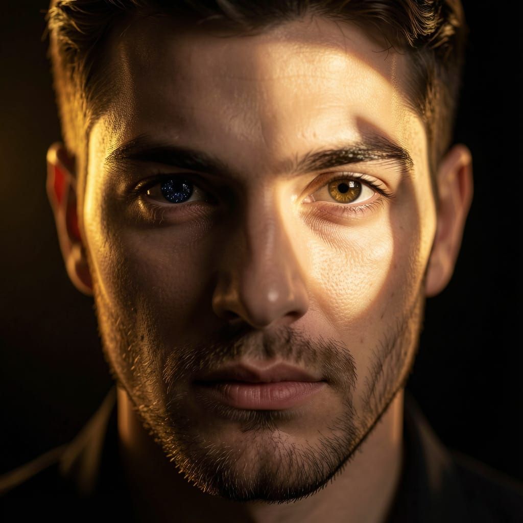 Mysterious Man's Face in Golden Eclipse Light