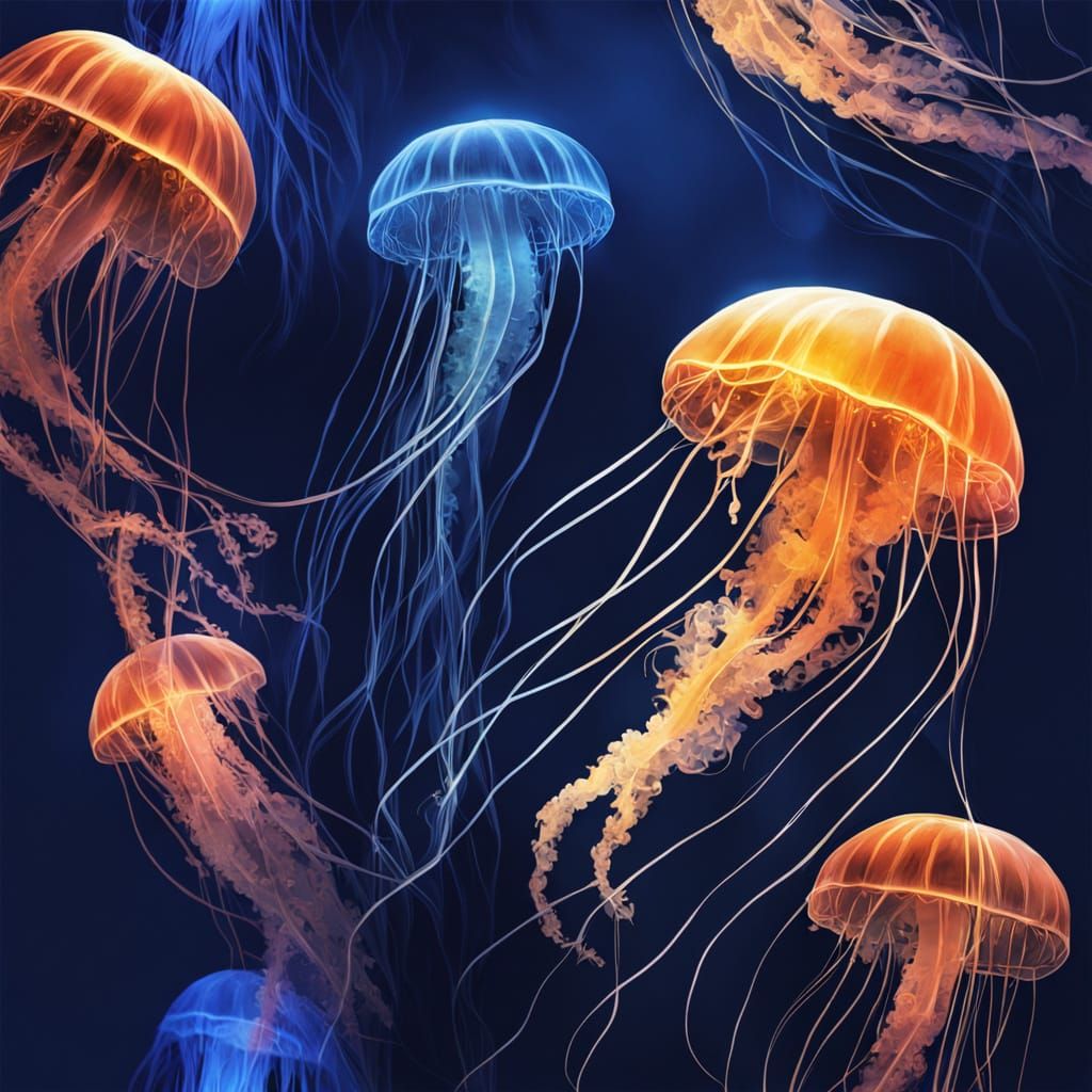 Ethereal Jellyfish in Bioluminescent Deep Sea Trench