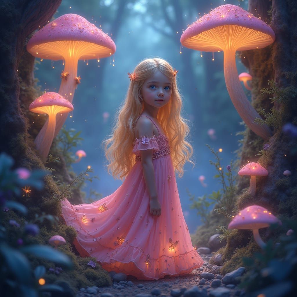 Whimsical Bioluminescent Grotto Scene in Vibrant Realism