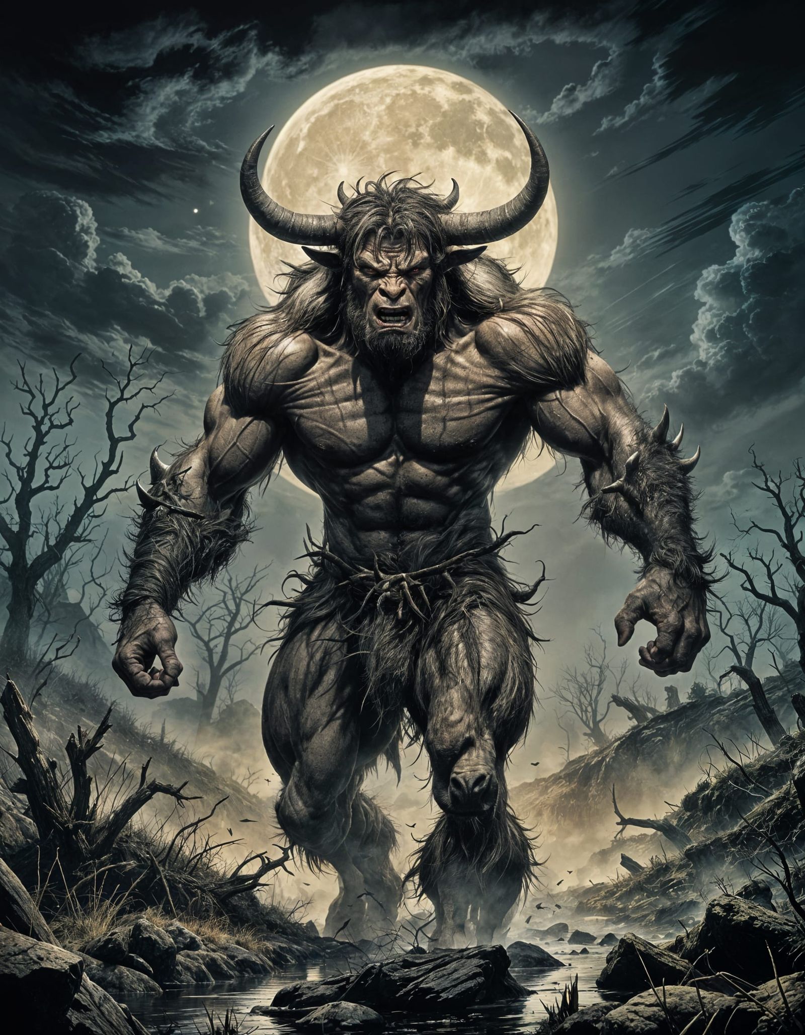 Gritty Minotaur Storms Through Bog: Hyper-Realistic Art