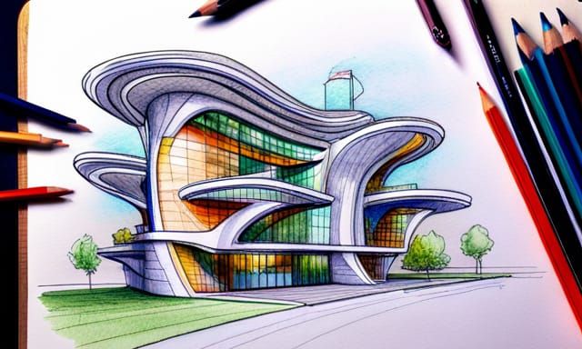 Futuristic School Design in Colored Pencil and Ink