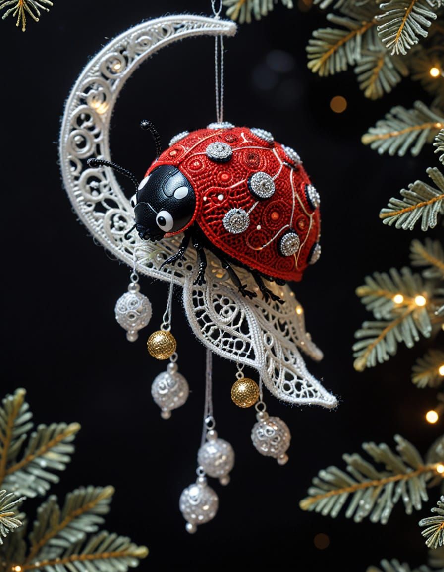 Klimt-Inspired Crochet Ladybug with Cosmic Christmas Decor