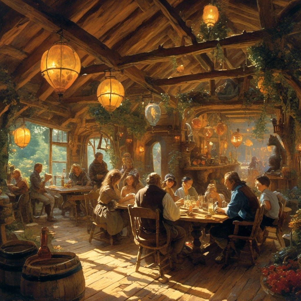 Mystical Tavern with Fantasy Creatures in Dreamlike Style
