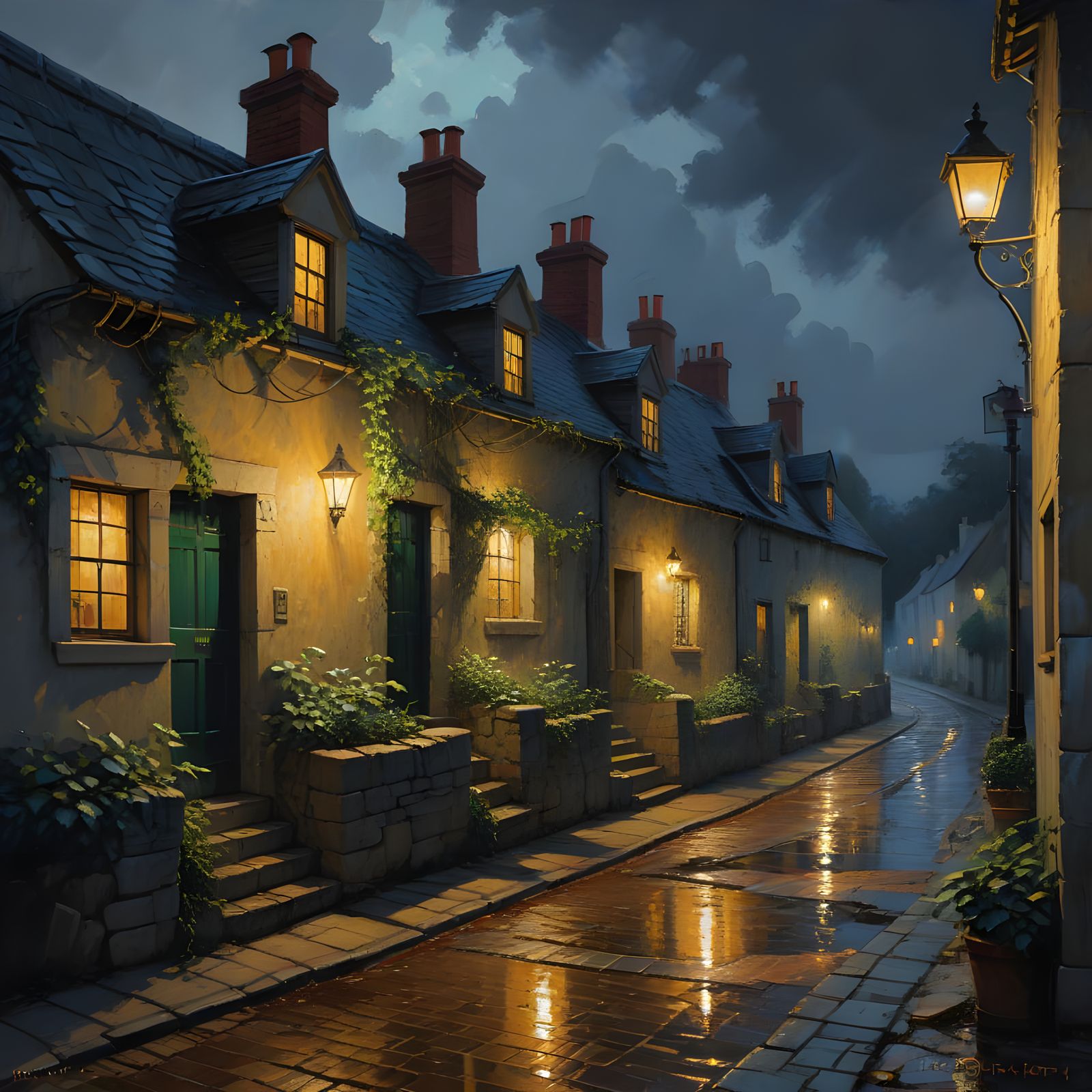 Surreal Irish Village at Night in Expressive Oil Painting St...