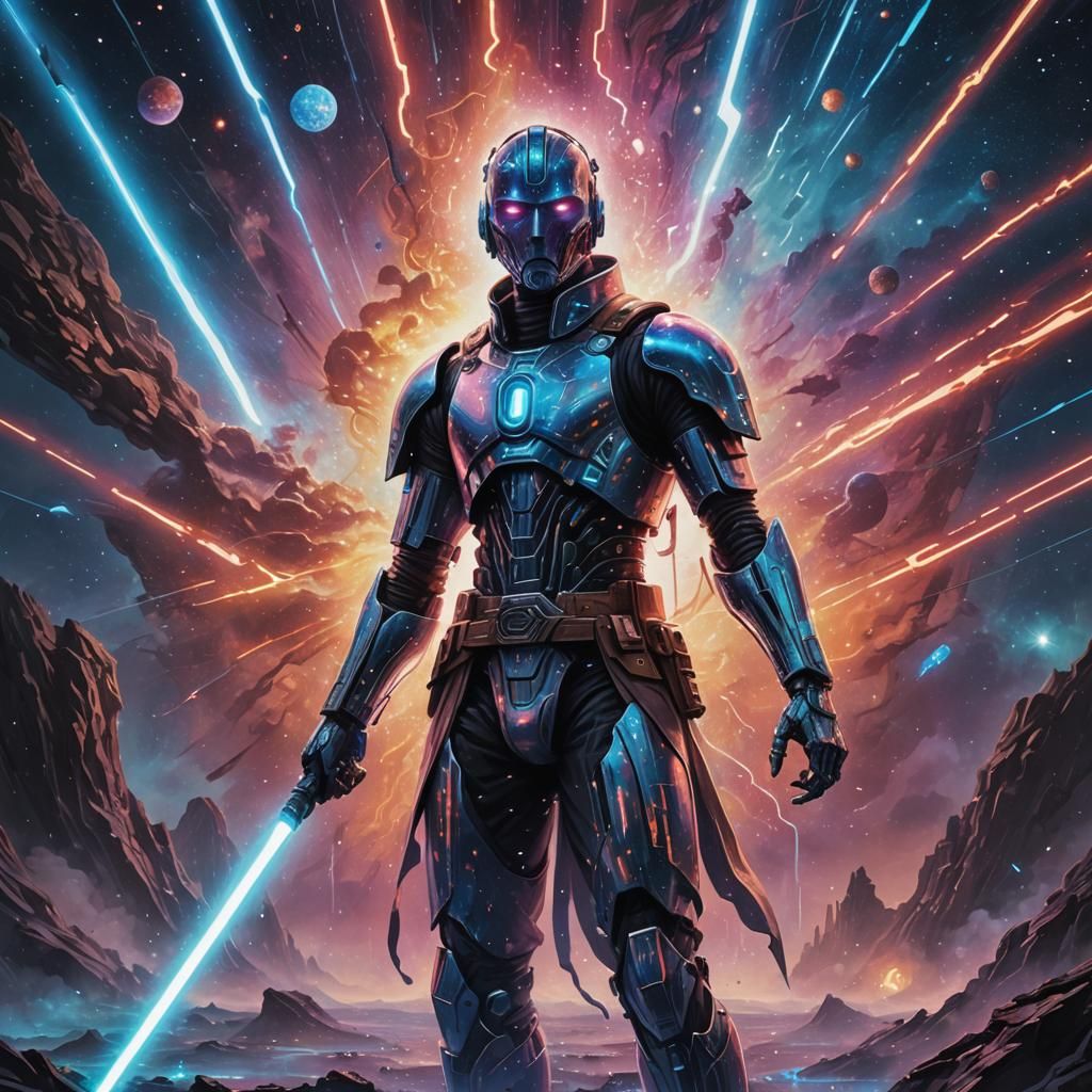 Cyborg Jedi in Astral Landscape, Mixed Media Art