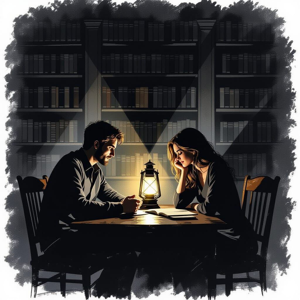 Secret Lovers Meet in Shadowy Library by Lantern Light