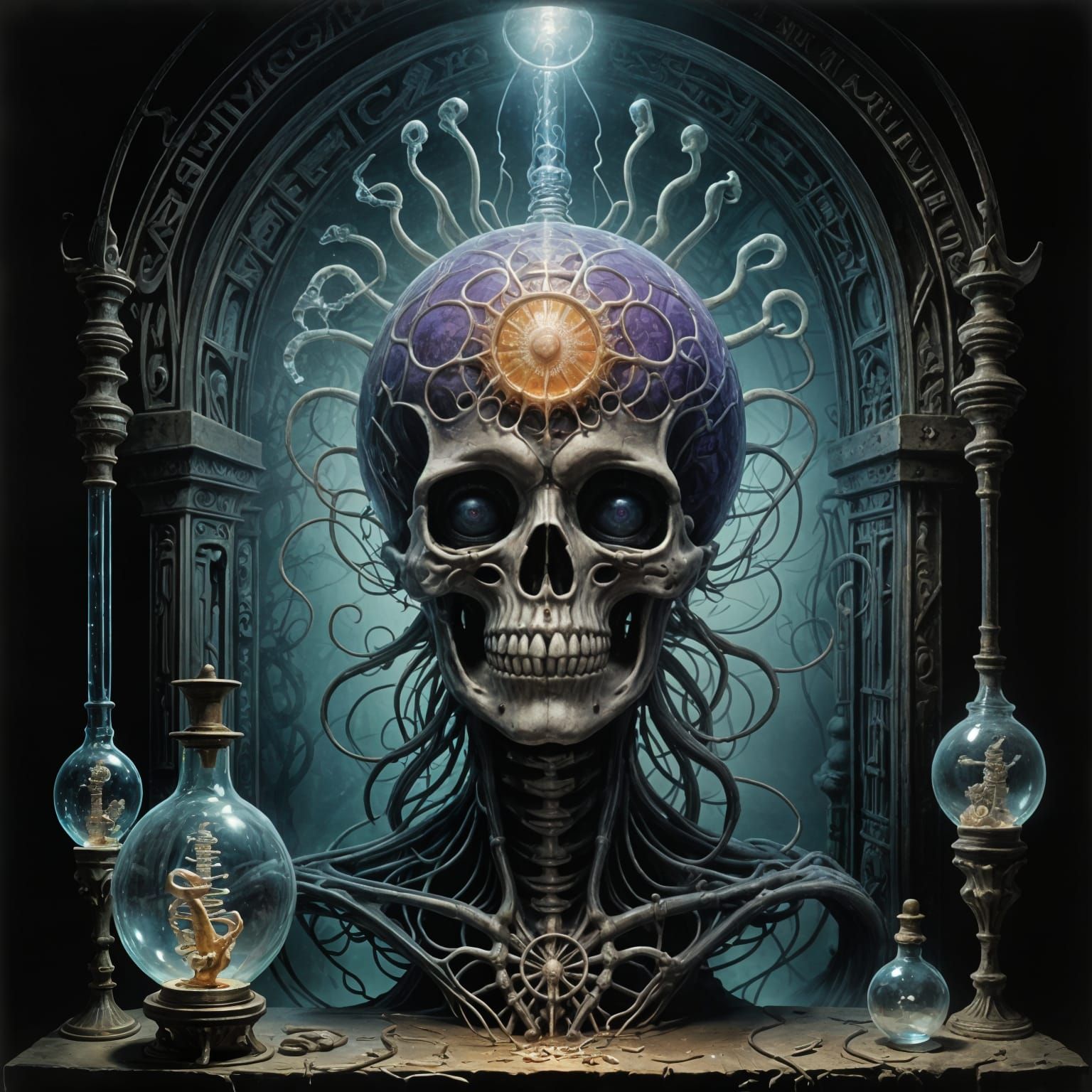 Mysterious Vial of Glowing Liquid with Suspended Bone