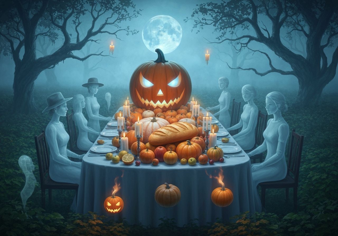 Eerie Harvest Feast in Foggy Pumpkin Patch