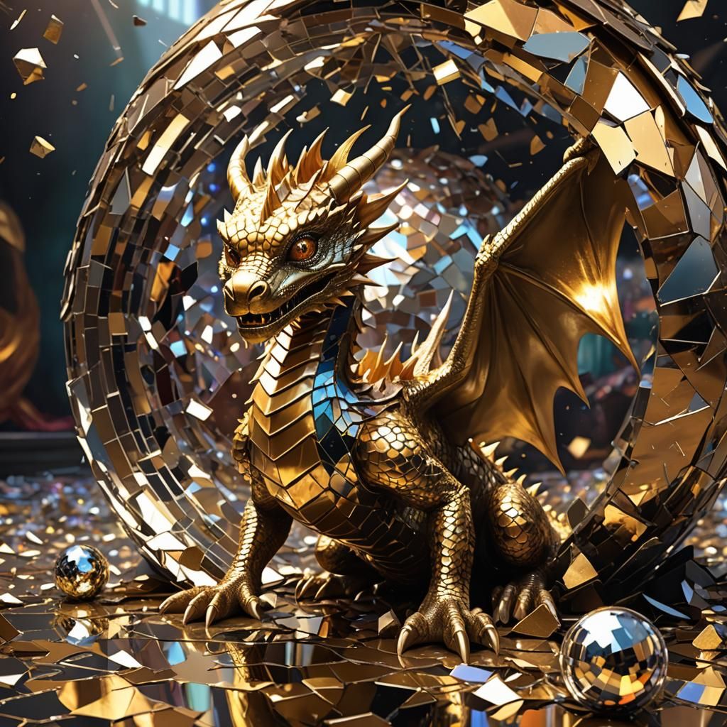 A golden baby dragon emerges from a shattered disco mirror b...