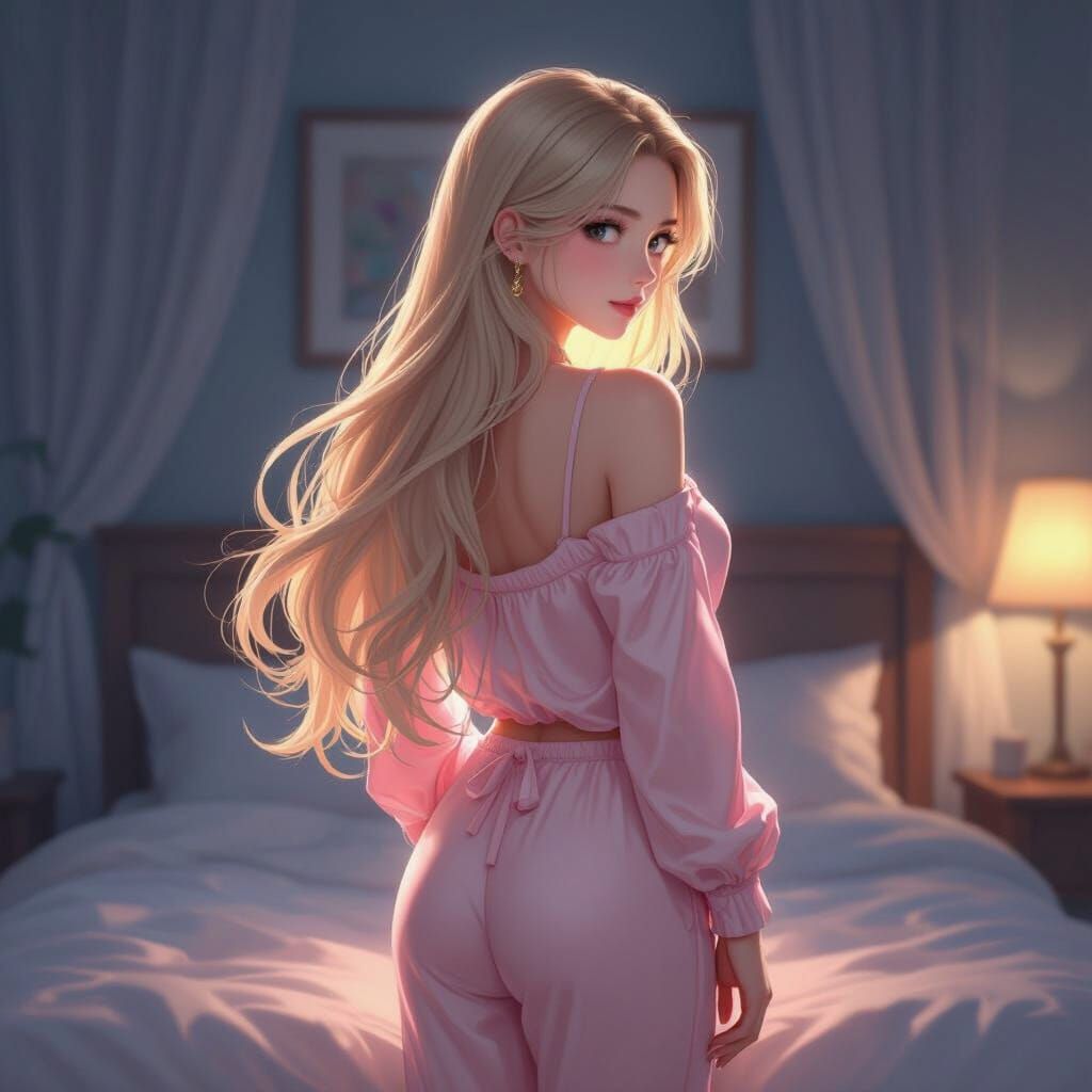 Serene Woman in Dreamy Bedroom: Anime Style