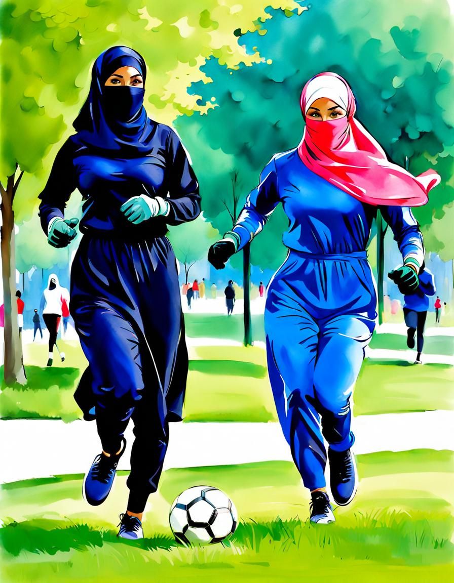 Overweight Hijabi Girls Play Soccer, Watercolor Portrait