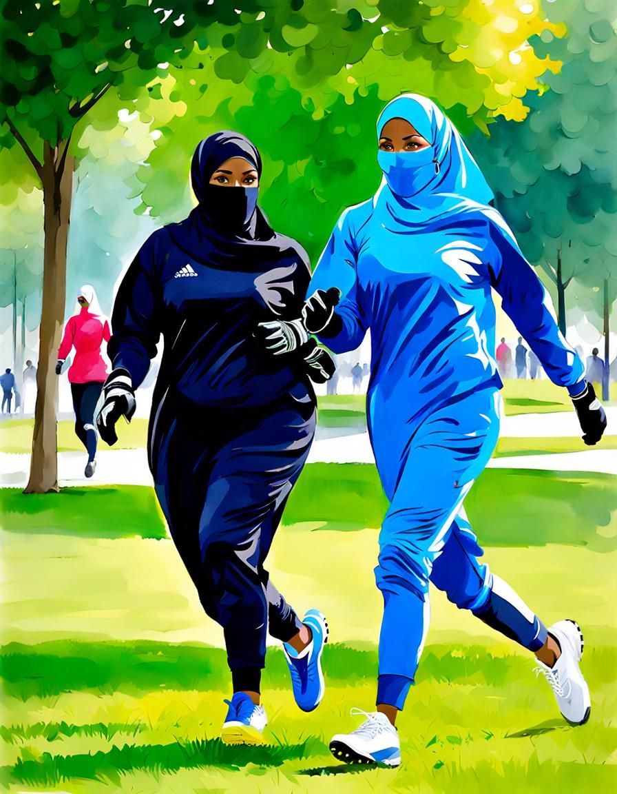 Girls in Hijab Play Soccer, Watercolor Style