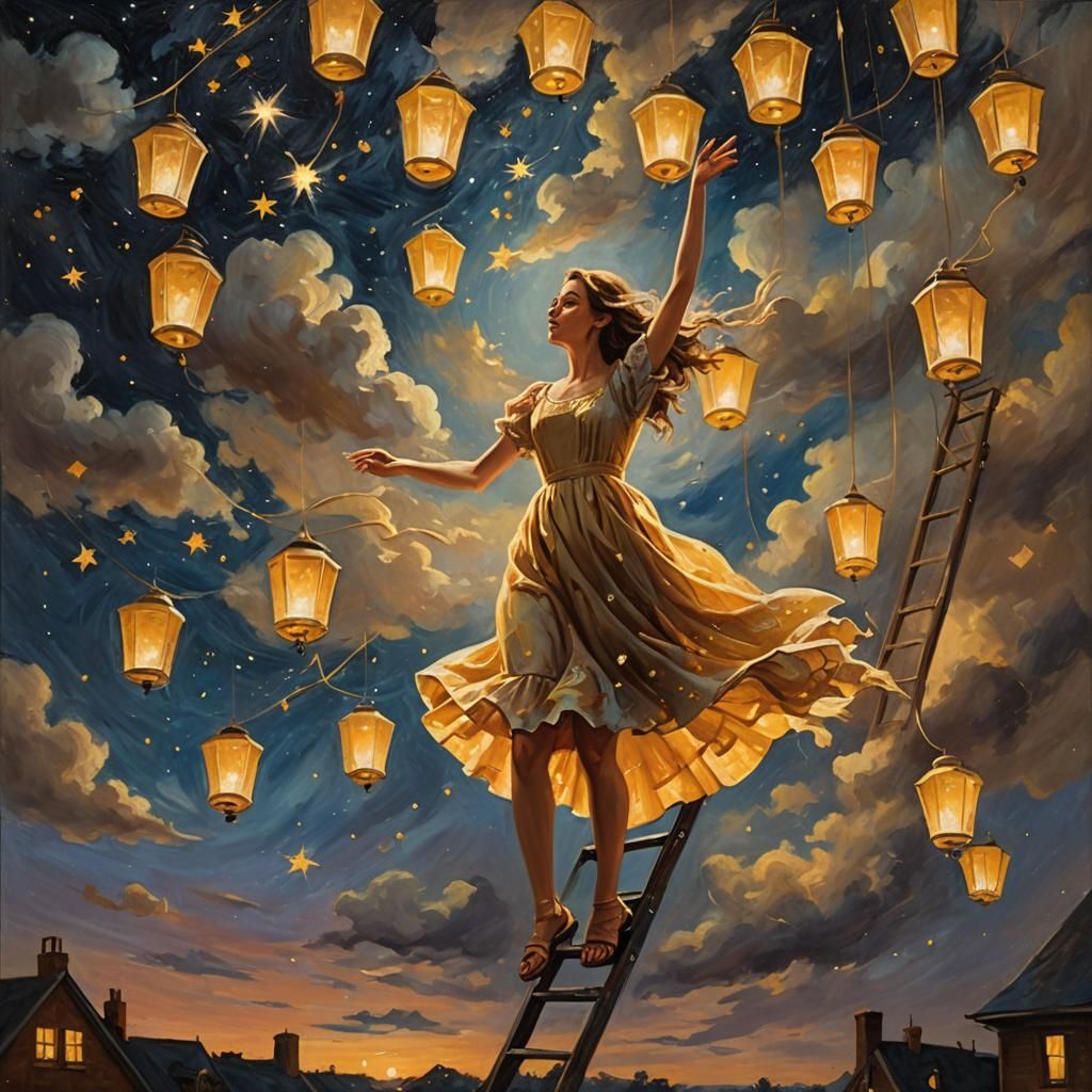 Girl Reaching for Stars: Impressionistic Oil Painting