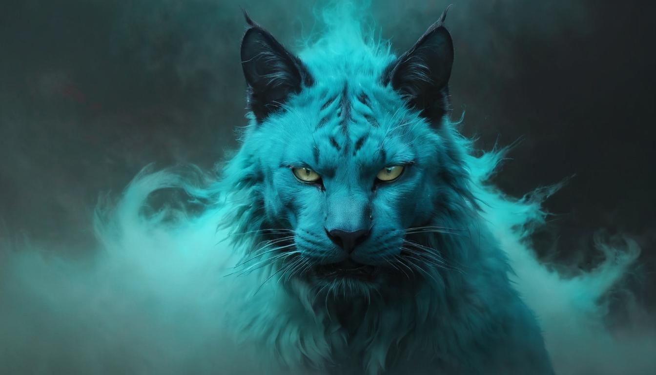 Turquoise Feline Beast Hissing in Dense Fog